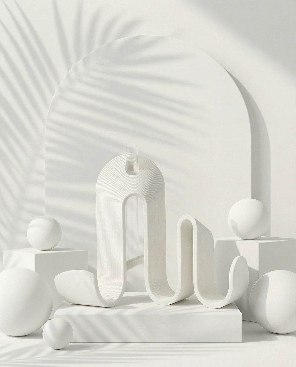 AMINI STRIA Book Holder in White — studio shot with arch backdrop and white spheres