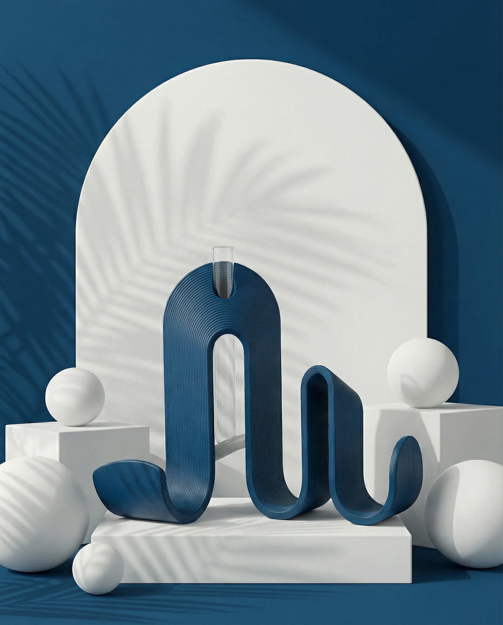 STRIA sculptural book stand in navy with ribbed texture – AMINI