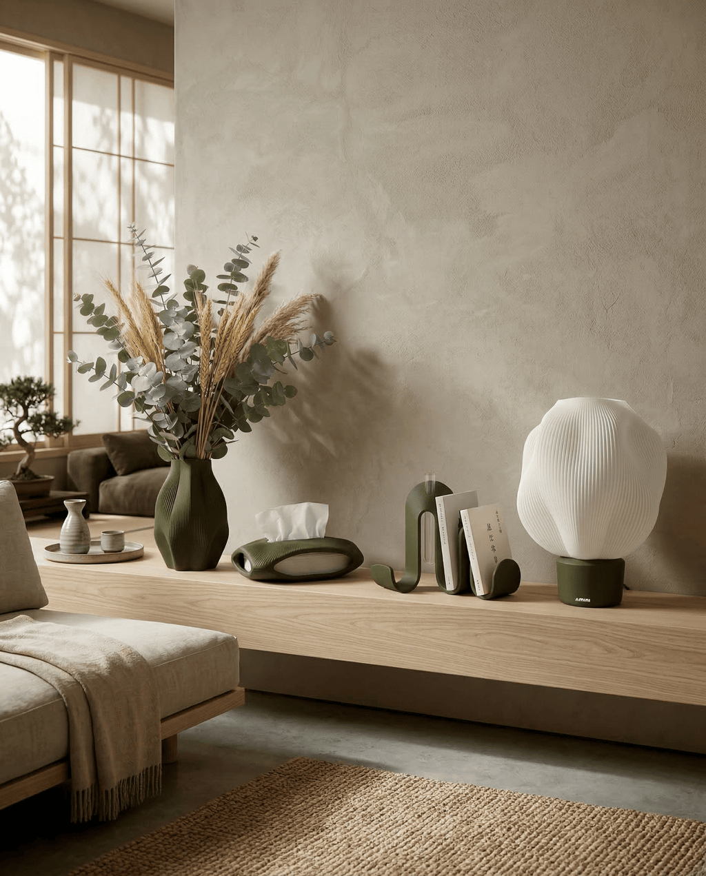 AMINI STRIA Complete Set in Olive — all four pieces with lit lamp on a low oak platform sideboard in a Japanese-inspired living room