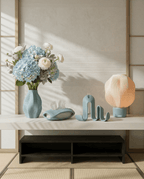 AMINI STRIA Complete Set in Baby Blue — all four pieces on a low sideboard in a Japanese tatami room with blue hydrangeas