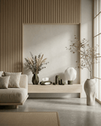 AMINI STRIA Complete Set in Olive — all four pieces on a floating light wood sideboard in a Japanese-inspired living room with wood slat wall