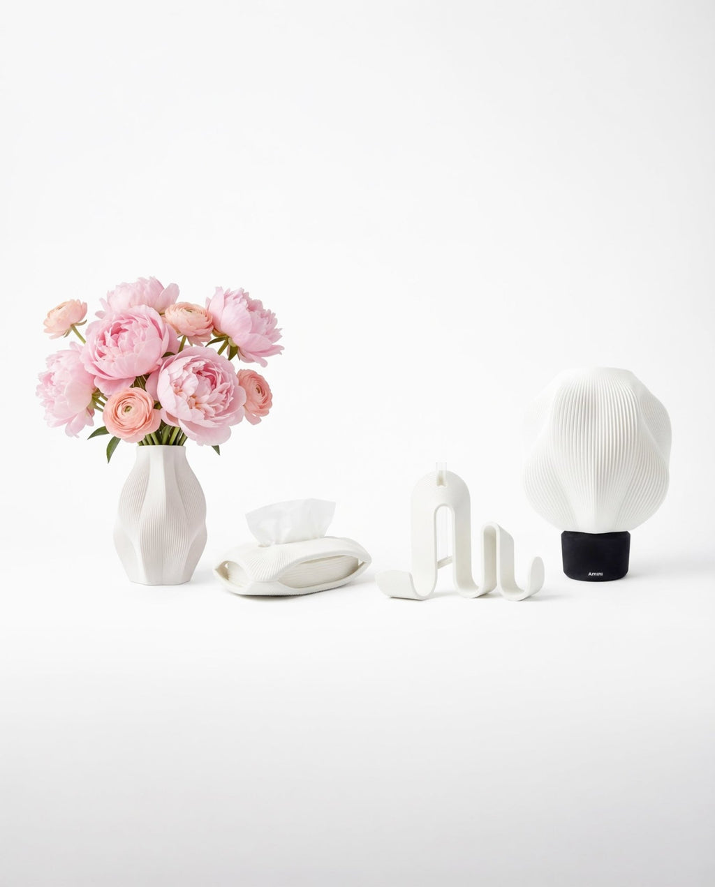 AMINI STRIA Complete Set in White — all four pieces with pink peonies in the vase, pure white background