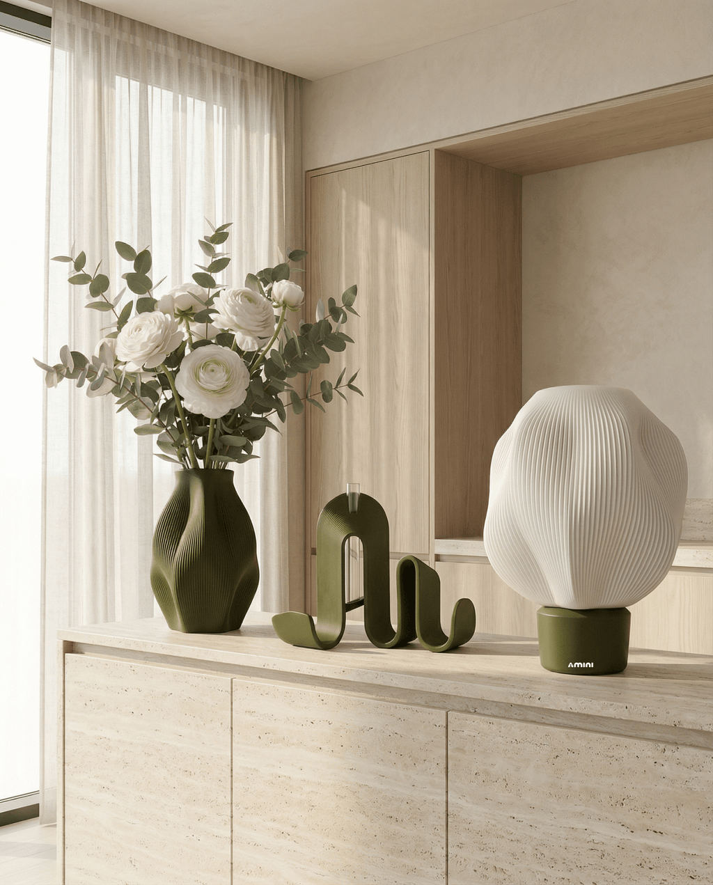 AMINI STRIA Core Set in Olive — vase, book holder and lamp on a wooden sideboard in a modern living room