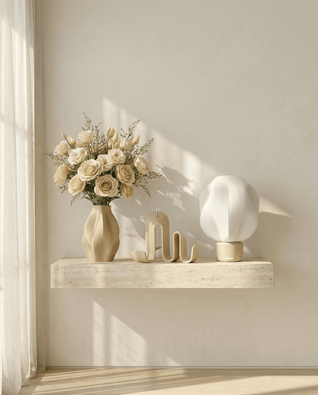 AMINI STRIA Core Set in Cream — all three pieces on a floating travertine shelf