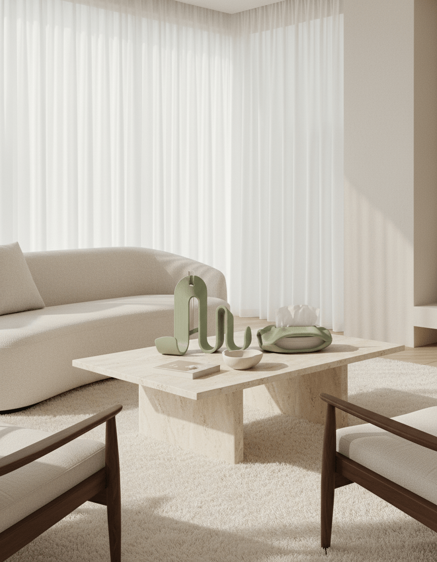 AMINI STRIA Entry Set in Pistachio — book holder and tissue holder on a travertine coffee table in a minimalist living room with linen sofa