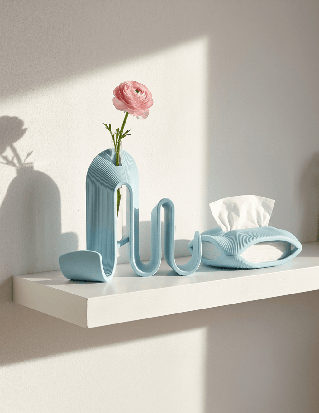 AMINI STRIA Entry Set in Baby Blue — book holder and tissue holder on a white shelf with a pink ranunculus