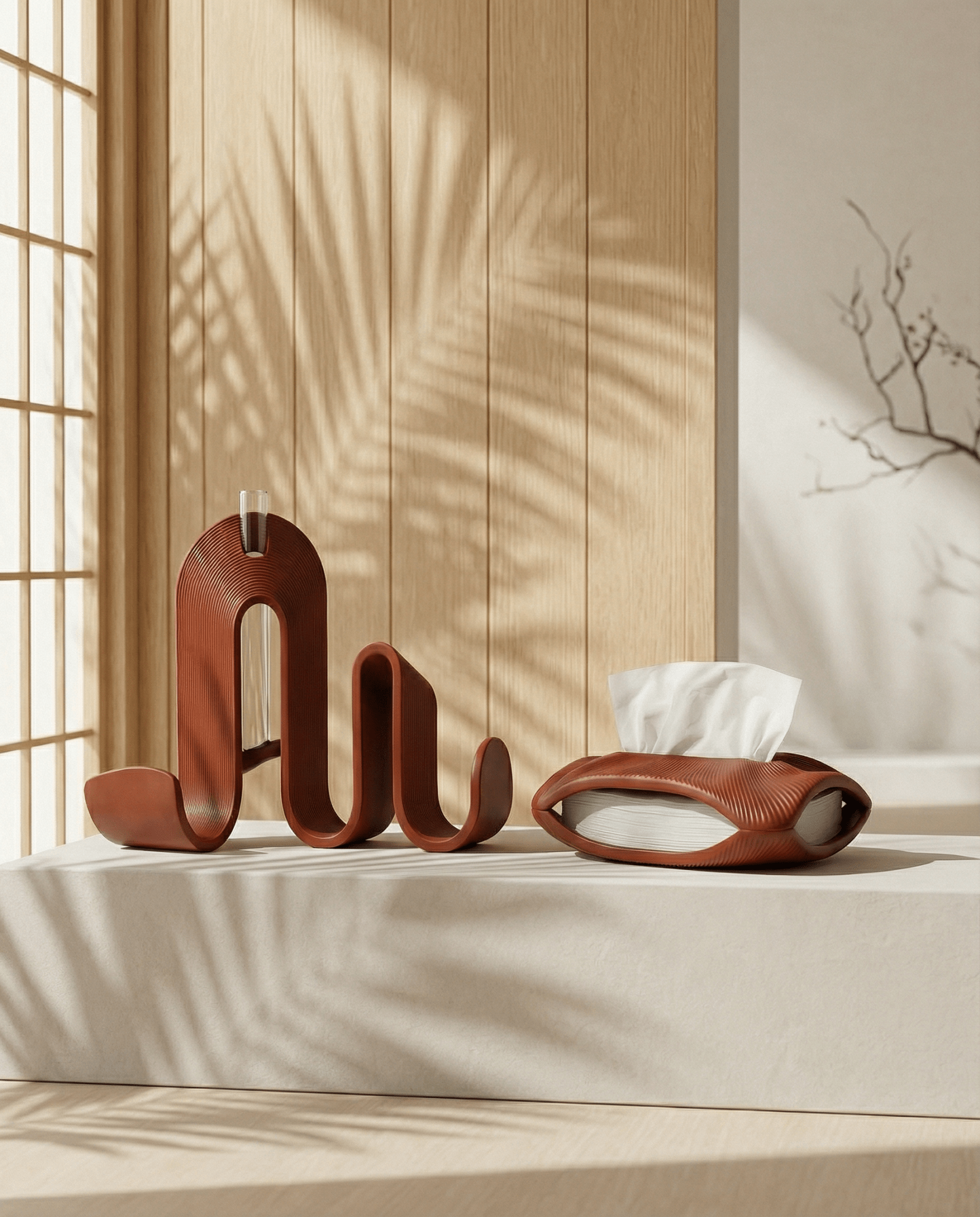 AMINI STRIA Entry Set in Terracotta — book holder and tissue holder on a stone surface with wood slat wall and palm shadows