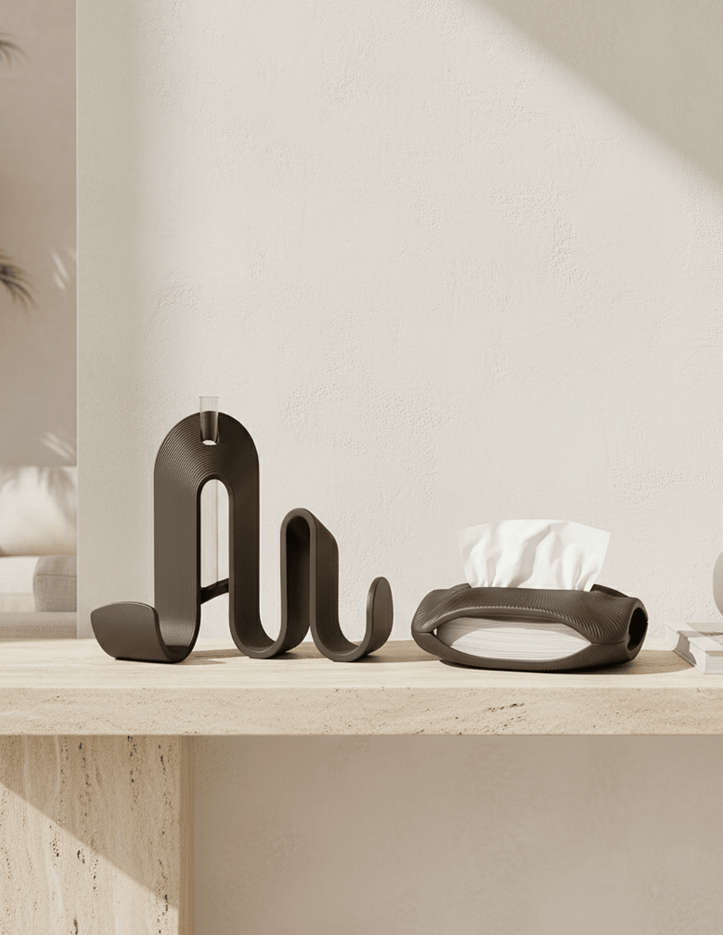 AMINI STRIA Entry Set in Charcoal — book holder and tissue holder on a travertine shelf against a plaster wall