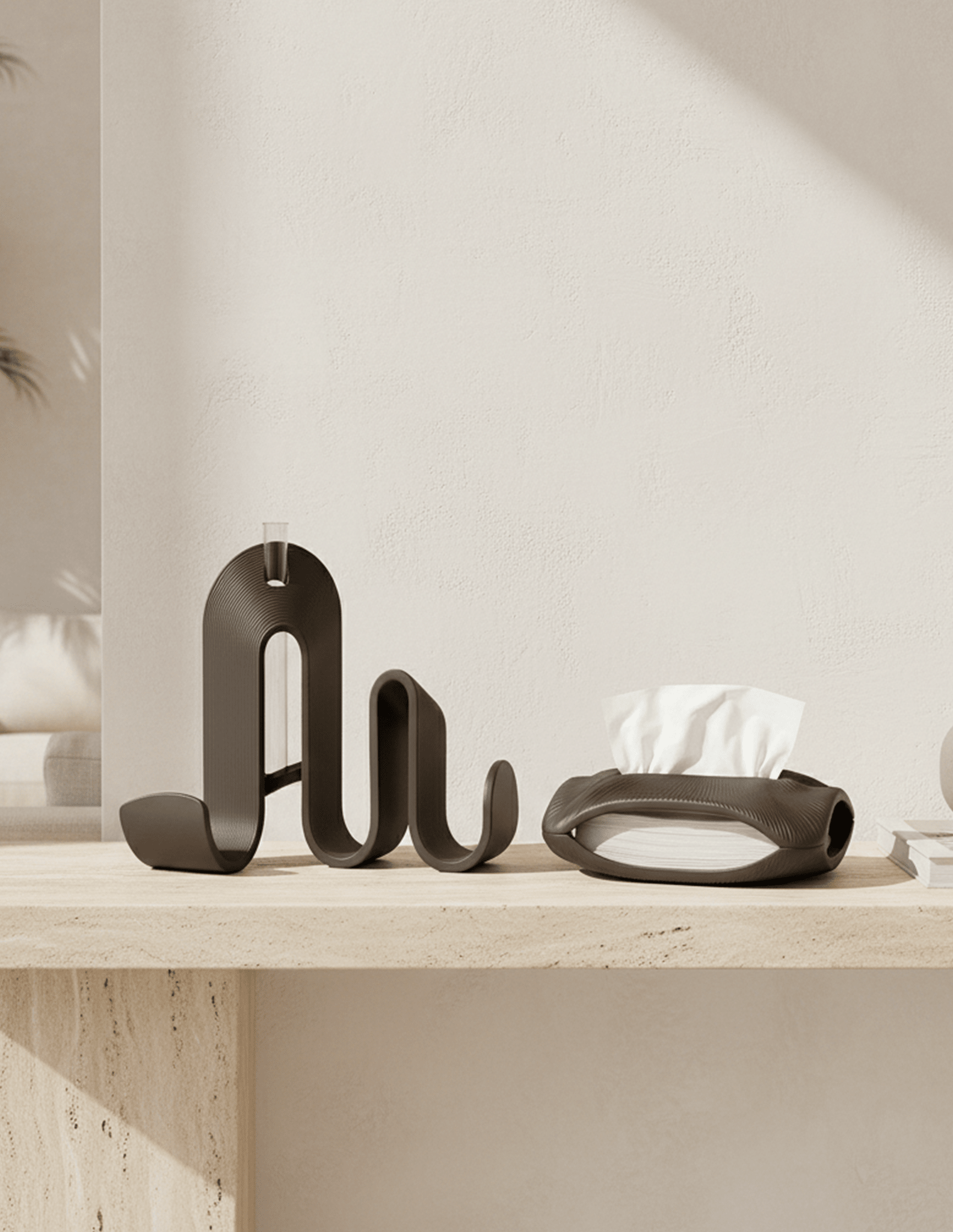AMINI STRIA Entry Set in Charcoal — book holder and tissue holder on a travertine shelf against a plaster wall
