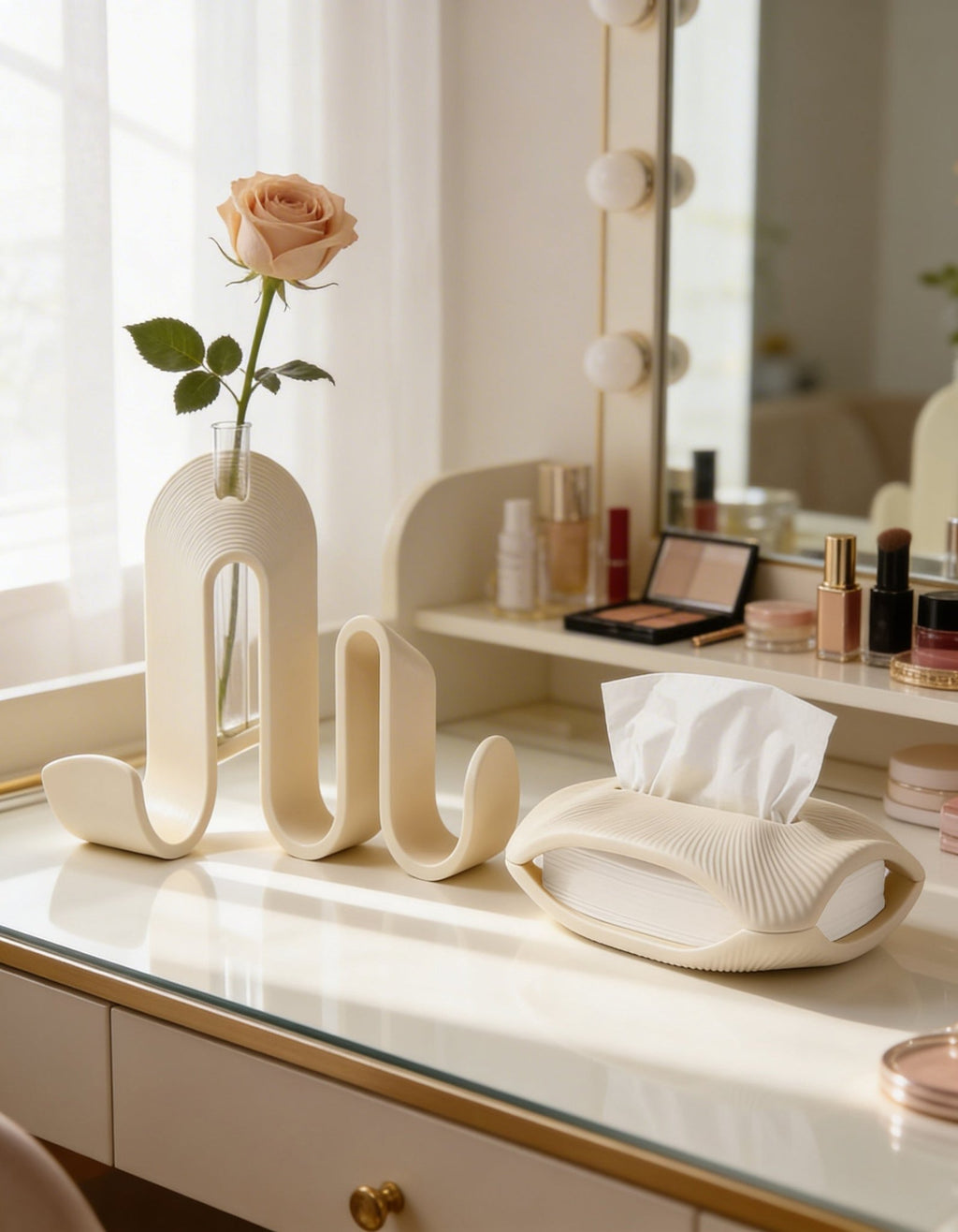 AMINI STRIA Entry Set in Cream — book holder with single peach rose in glass tube and tissue holder on a cream makeup vanity with Hollywood mirror