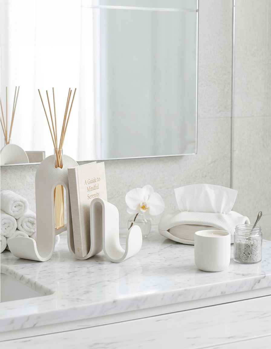 AMINI STRIA Entry Set in White — book holder with reed diffuser and tissue holder on a marble bathroom countertop with white orchid