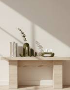 AMINI STRIA Entry Set in Olive — book holder with eucalyptus stem in glass tube and tissue holder on a light wood bench