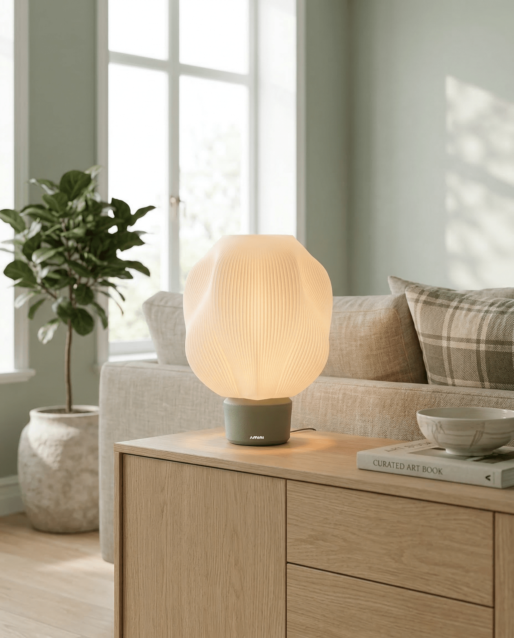 AMINI STRIA Lamp in Pistachio — on a light wood sideboard in a room with sage green walls and fiddle-leaf fig