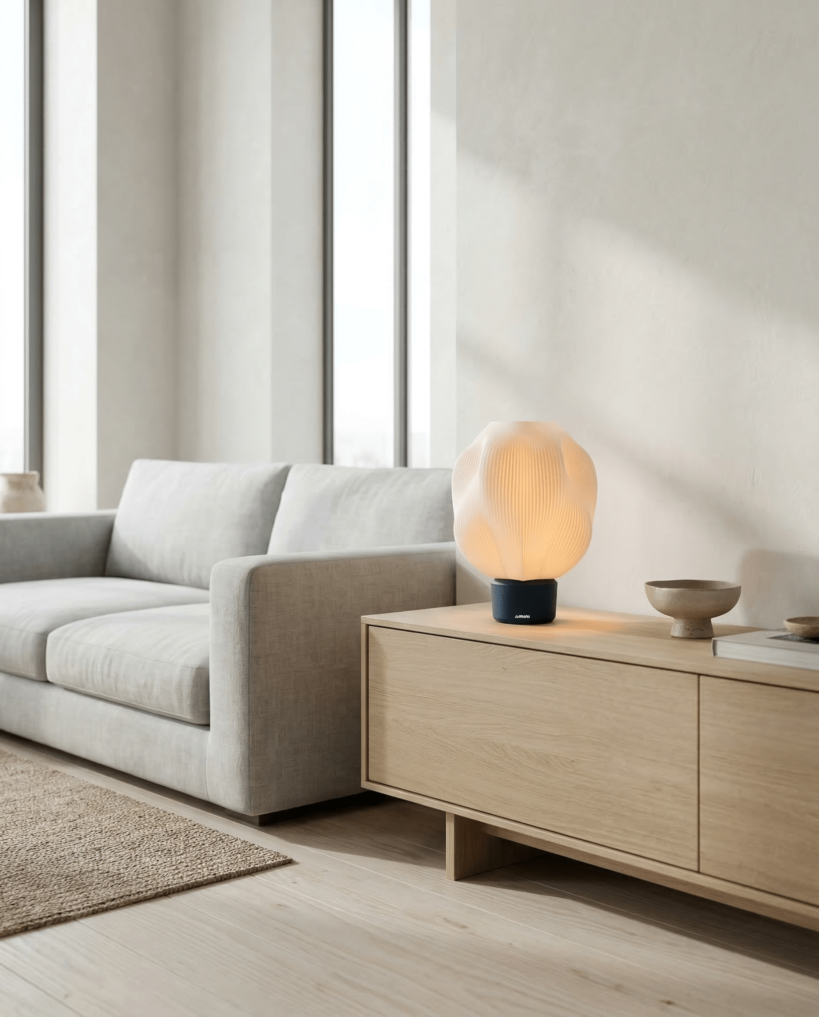 AMINI STRIA Lamp in Charcoal — on a light wood sideboard in a bright modern living room with grey sofa