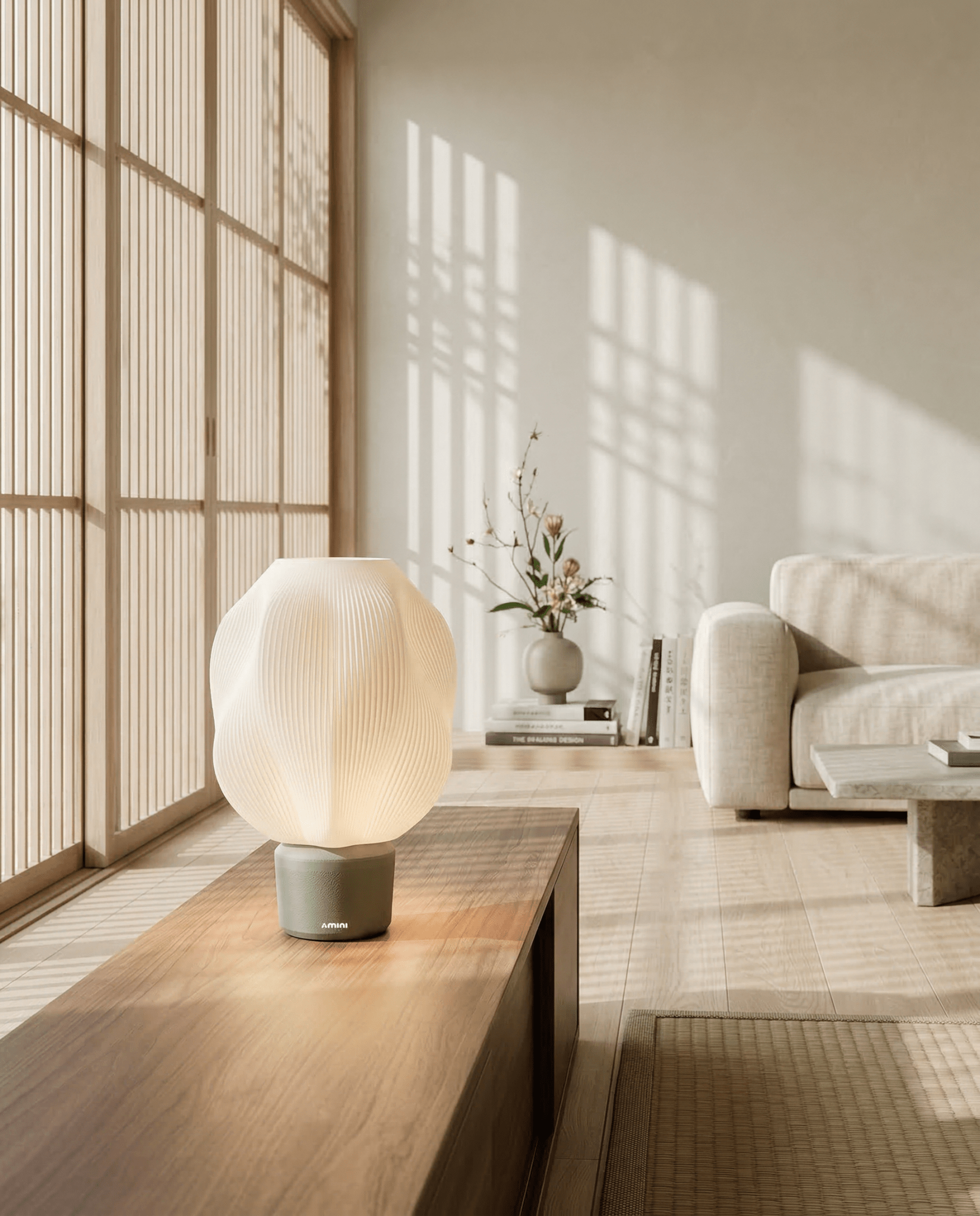 AMINI STRIA Lamp in Olive — on a low wood bench in a Japanese-inspired living room with shoji screens, natural daytime light