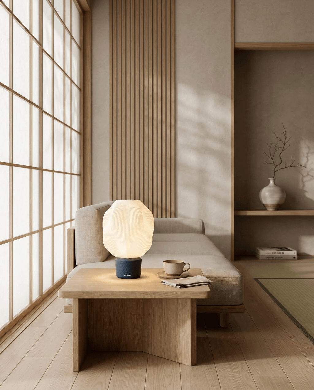 AMINI STRIA Lamp in Charcoal — on a low coffee table in a Japanese room with a cup of tea and wood slat wall