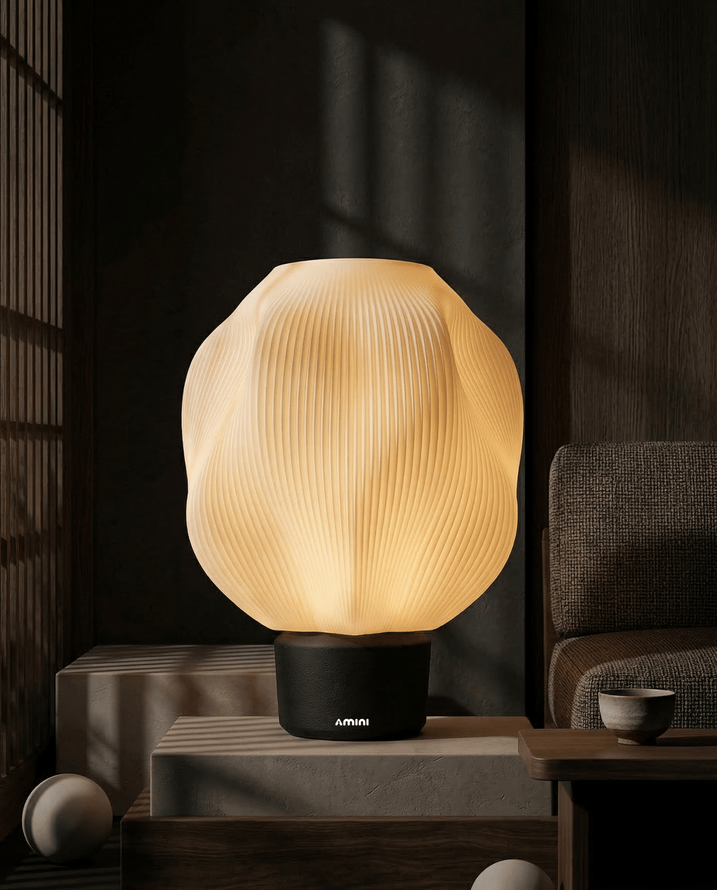 AMINI STRIA Lamp in Charcoal — dramatic nighttime shot with atmospheric shadows from Japanese shoji screens