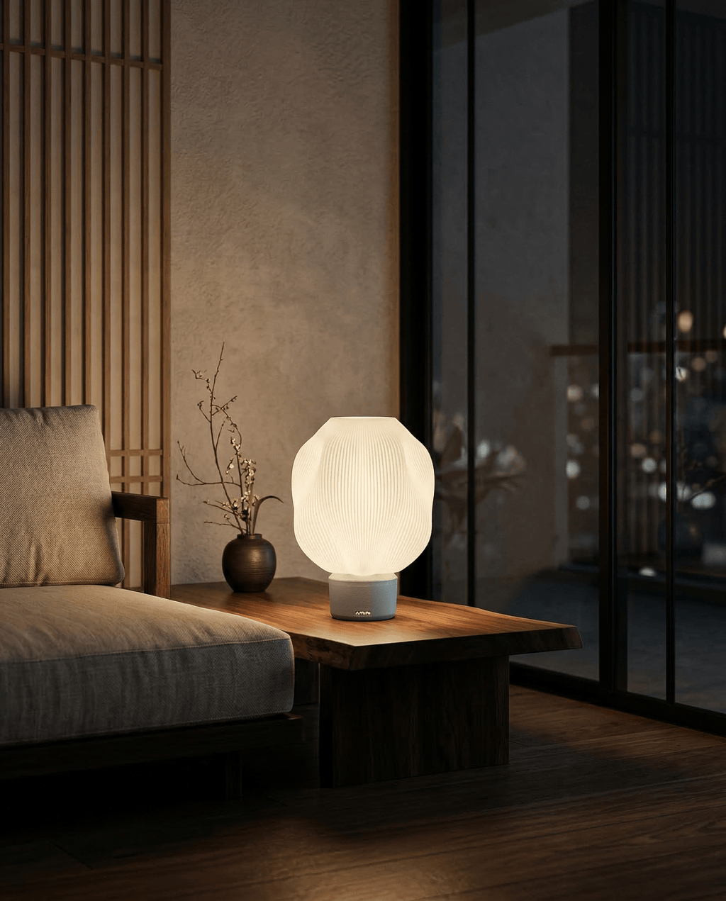AMINI STRIA Lamp in Baby Blue — lit at night on a low wooden bedside table in a Japanese bedroom with dark vase