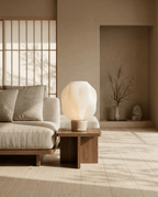 AMINI STRIA Lamp in Cream — on a low wooden bench in a wabi-sabi Japanese room with branch in alcove