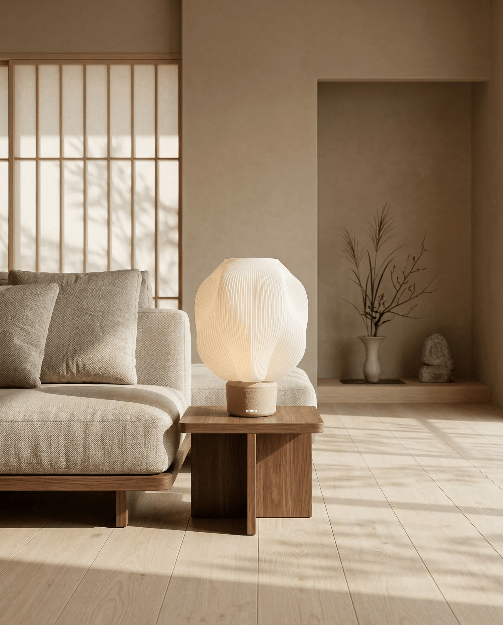 AMINI STRIA Lamp in Cream — on a low wooden bench in a wabi-sabi Japanese room with branch in alcove