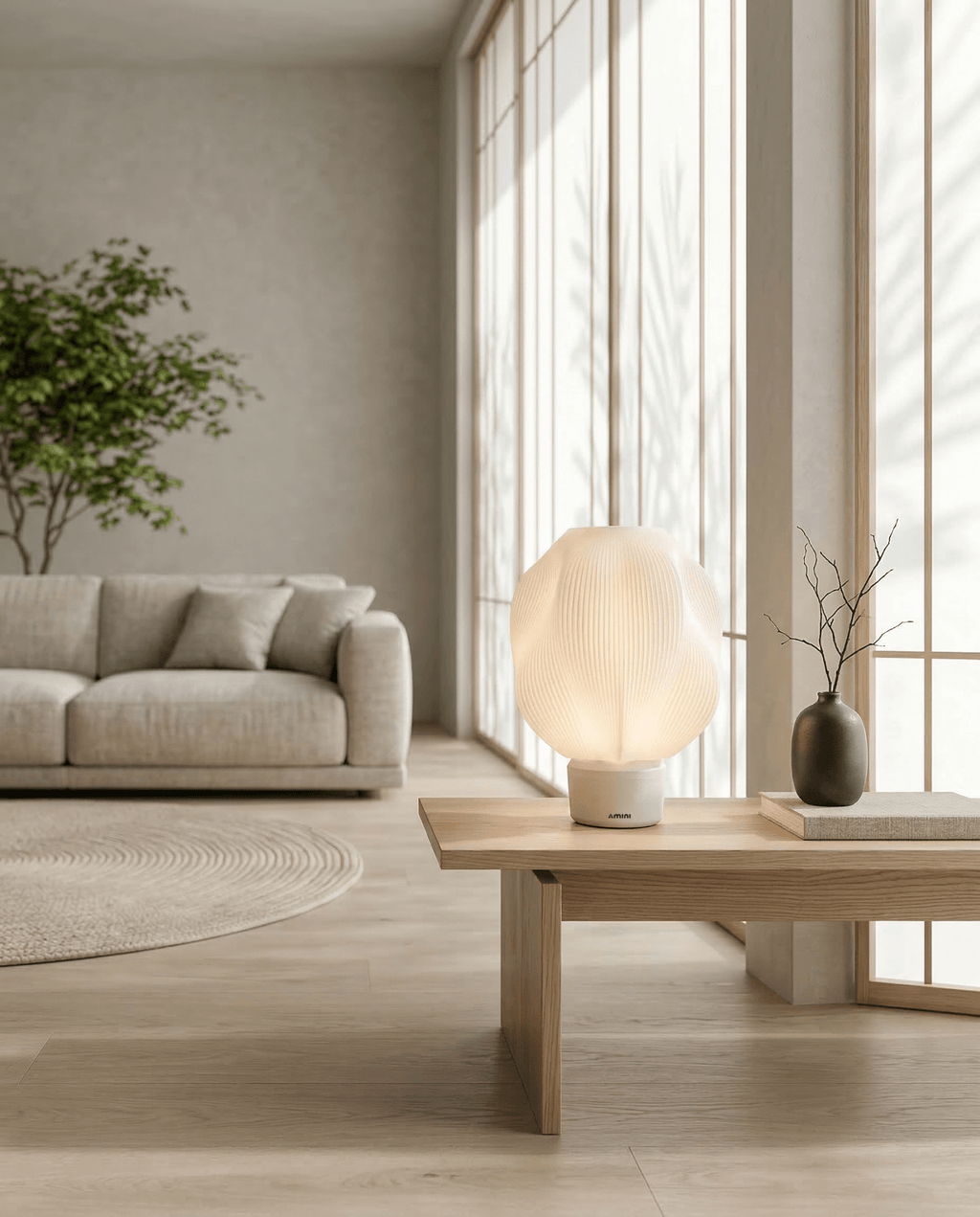AMINI STRIA Lamp in White — on a low coffee table in a bright Scandinavian-style living room with dark vase and branches