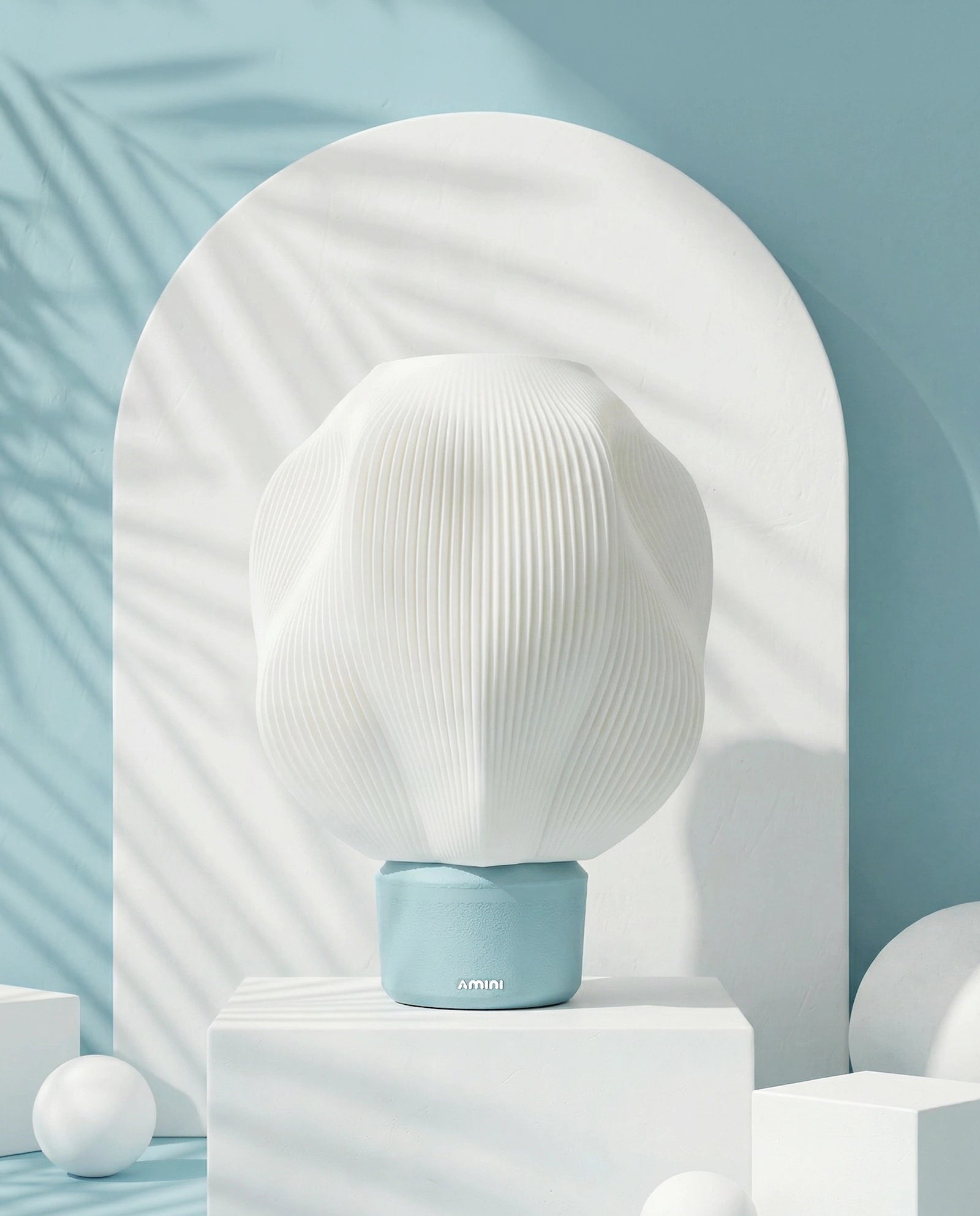 STRIA sculptural table lamp in baby blue with ribbed texture – AMINI