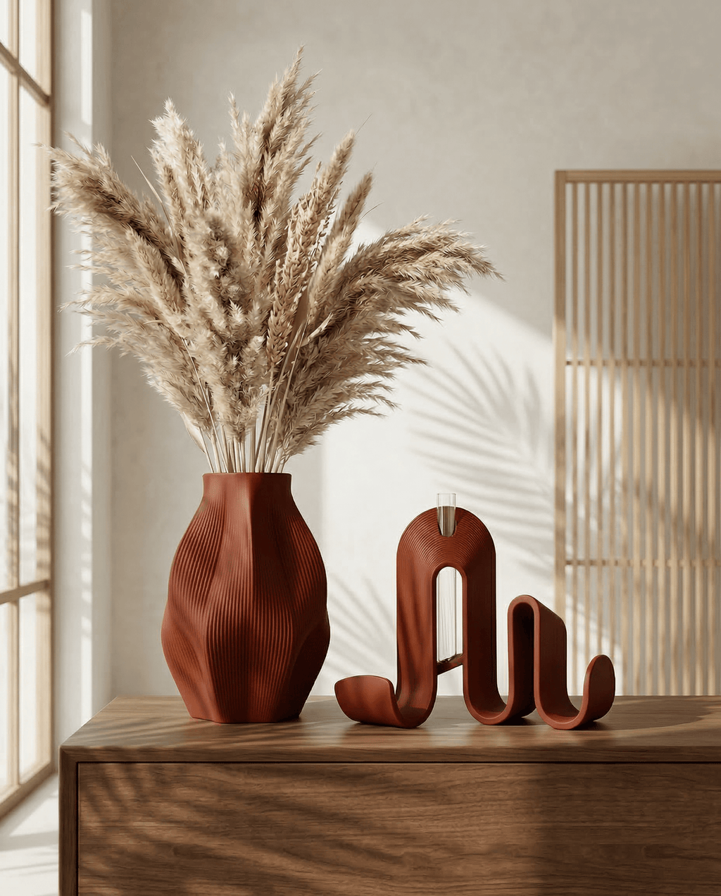 AMINI STRIA Living Set in Terracotta — vase with pampas grass and book holder on a dark wooden sideboard with rattan screen