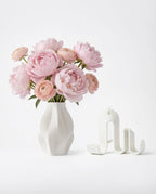 AMINI STRIA Living Set in White — vase and book holder with pink peonies, clean white background