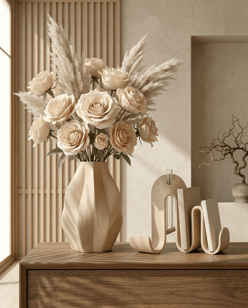 AMINI STRIA Living Set in Cream — vase with champagne roses and pampas grass beside book holder on a wooden sideboard