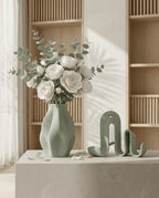 AMINI STRIA Living Set in Pistachio — vase with white roses and eucalyptus beside book holder on a stone console with wooden shelving