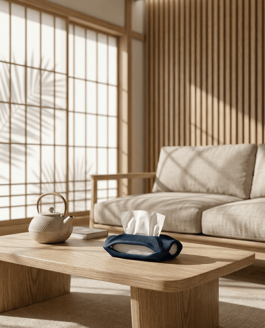AMINI STRIA Tissue Holder in Navy — on a low oak coffee table in a Japanese room with iron teapot and wood slat wall
