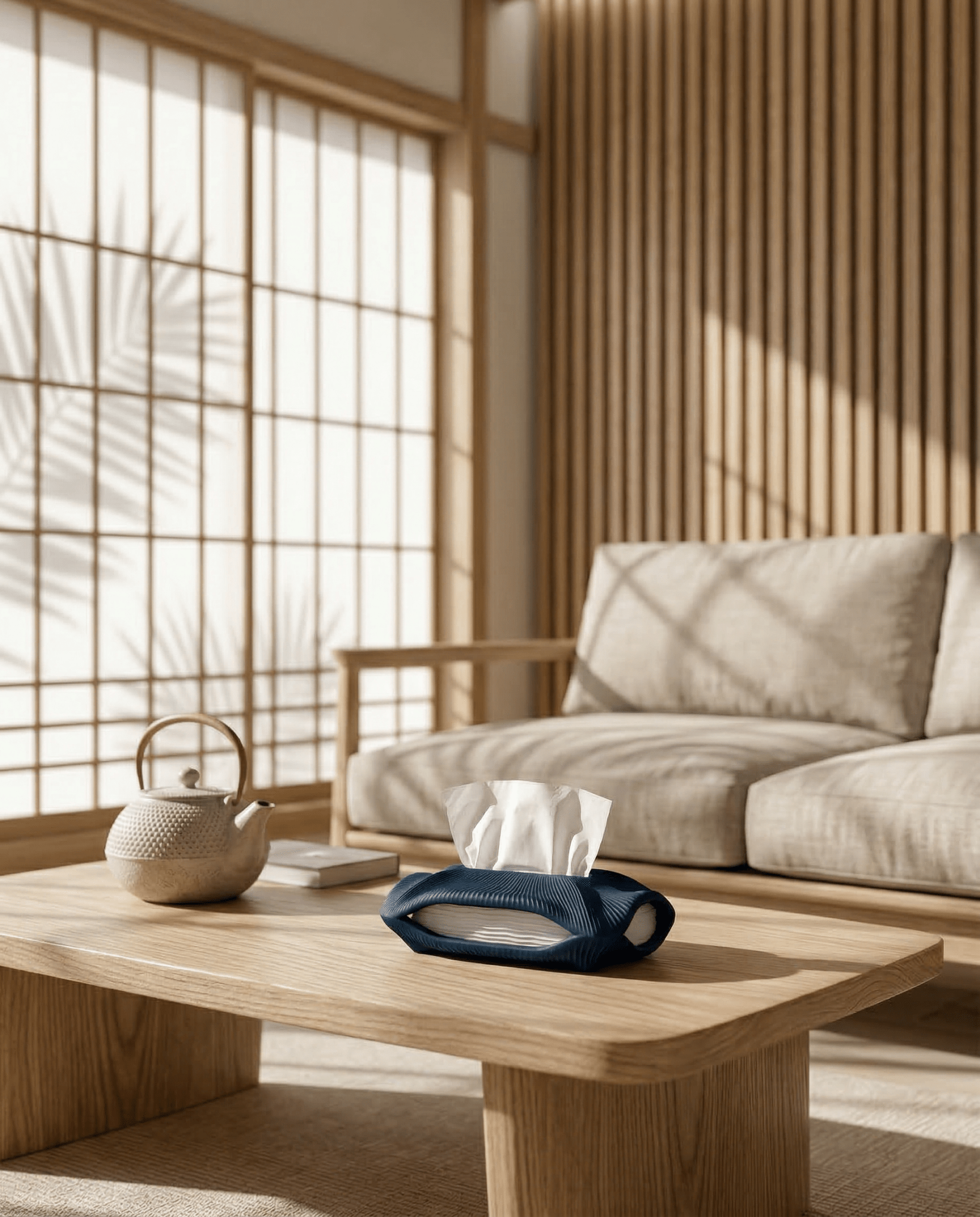 AMINI STRIA Tissue Holder in Navy — on a low oak coffee table in a Japanese room with iron teapot and wood slat wall