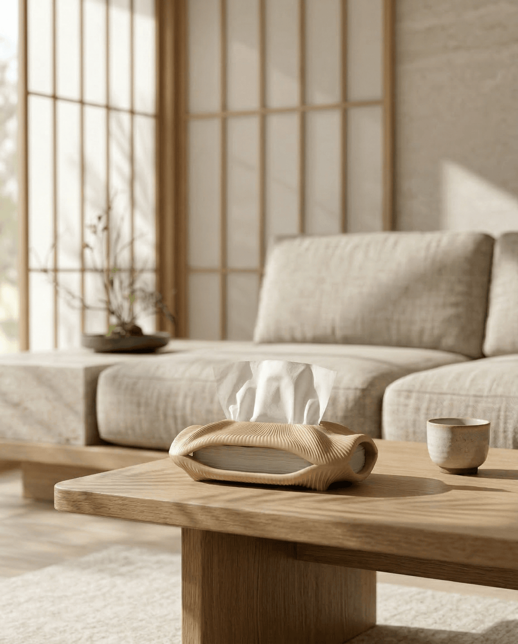 AMINI STRIA Tissue Holder in Cream — on a wooden coffee table in a Japanese minimalist living room