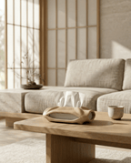 AMINI STRIA Tissue Holder in Cream — on a wooden coffee table in a Japanese minimalist living room