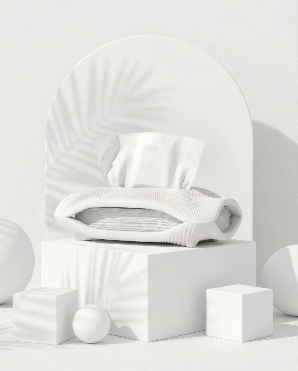 AMINI STRIA Tissue Holder in White — studio shot with arch backdrop and white cubes