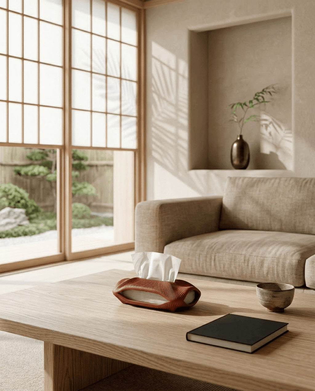 AMINI STRIA Tissue Holder in Terracotta — on a low coffee table in a Japanese room with garden view through window