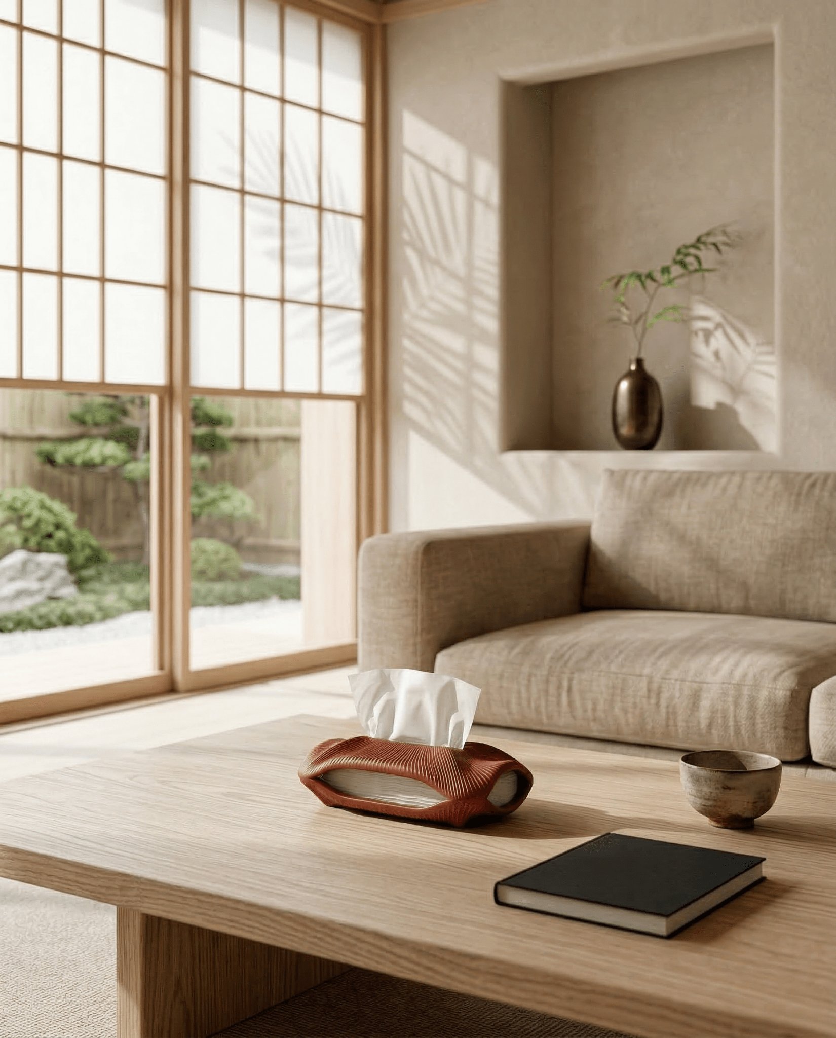 AMINI STRIA Tissue Holder in Terracotta — on a low coffee table in a Japanese room with garden view through window