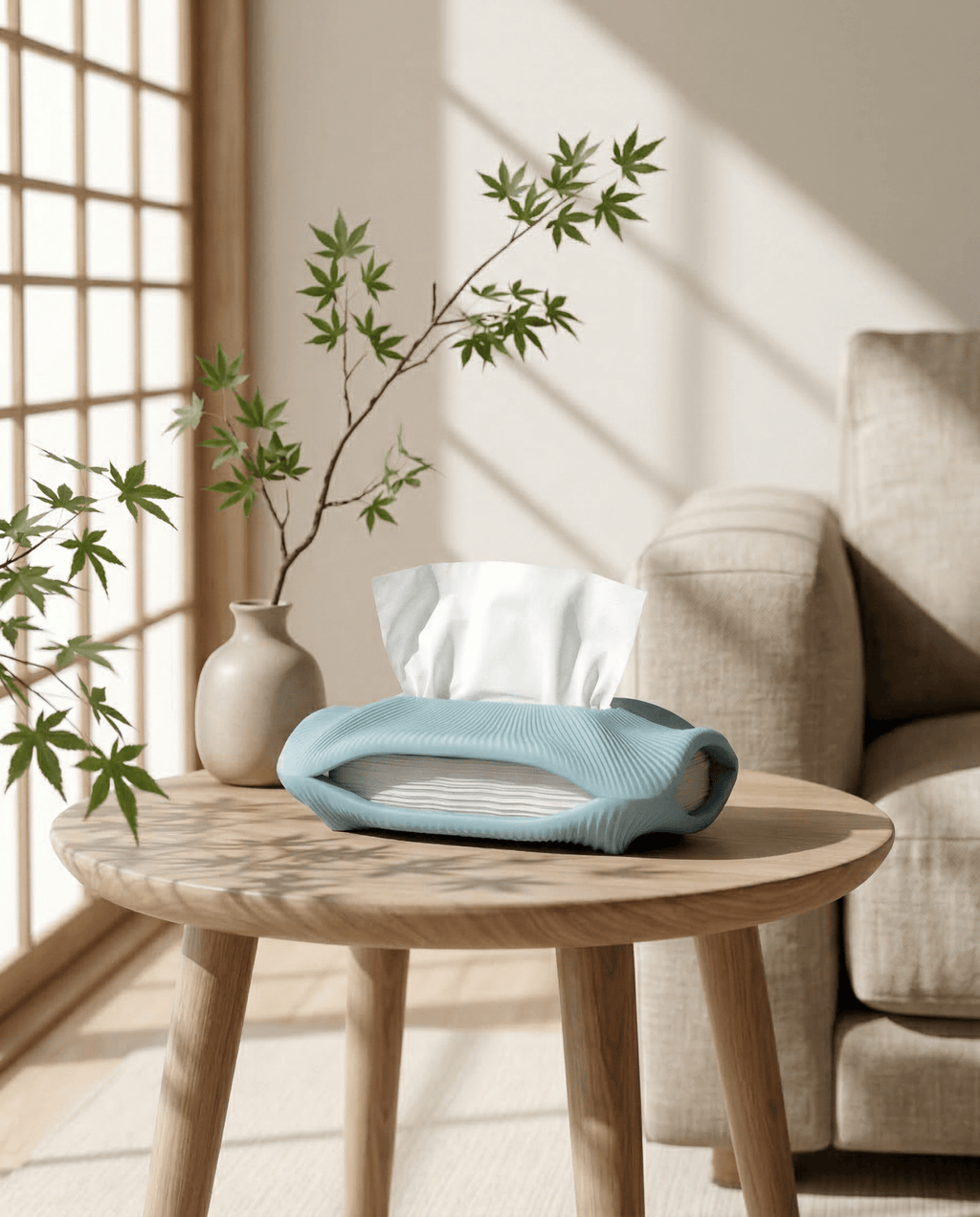 AMINI STRIA Tissue Holder in Baby Blue — on a round wooden side table in a bright room with a Japanese maple branch