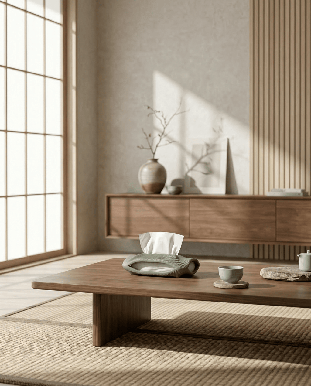 AMINI STRIA Tissue Holder in Pistachio — on a low dark wood table in a Japanese tatami room with tea set