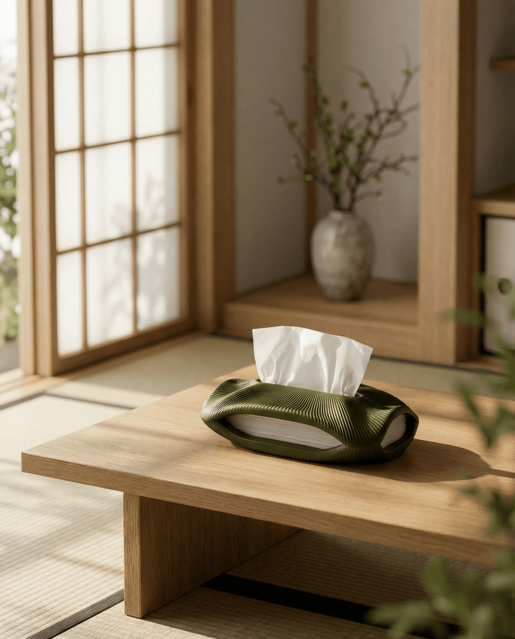 AMINI STRIA Tissue Holder in Olive — on a low bench in a Japanese room with shoji screens and branch vase