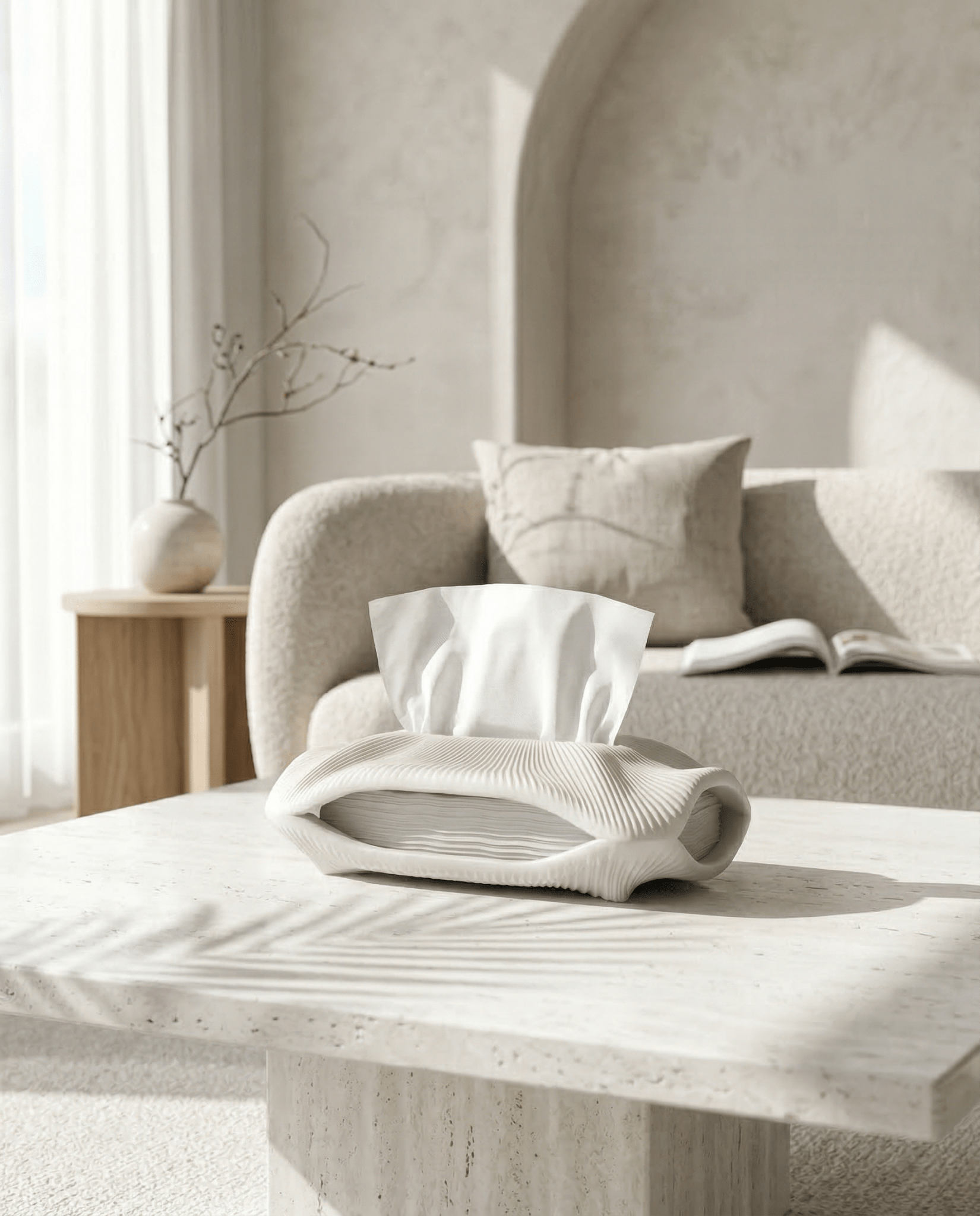 AMINI STRIA Tissue Holder in White — on a marble coffee table in a bright minimalist living room with boucle sofa