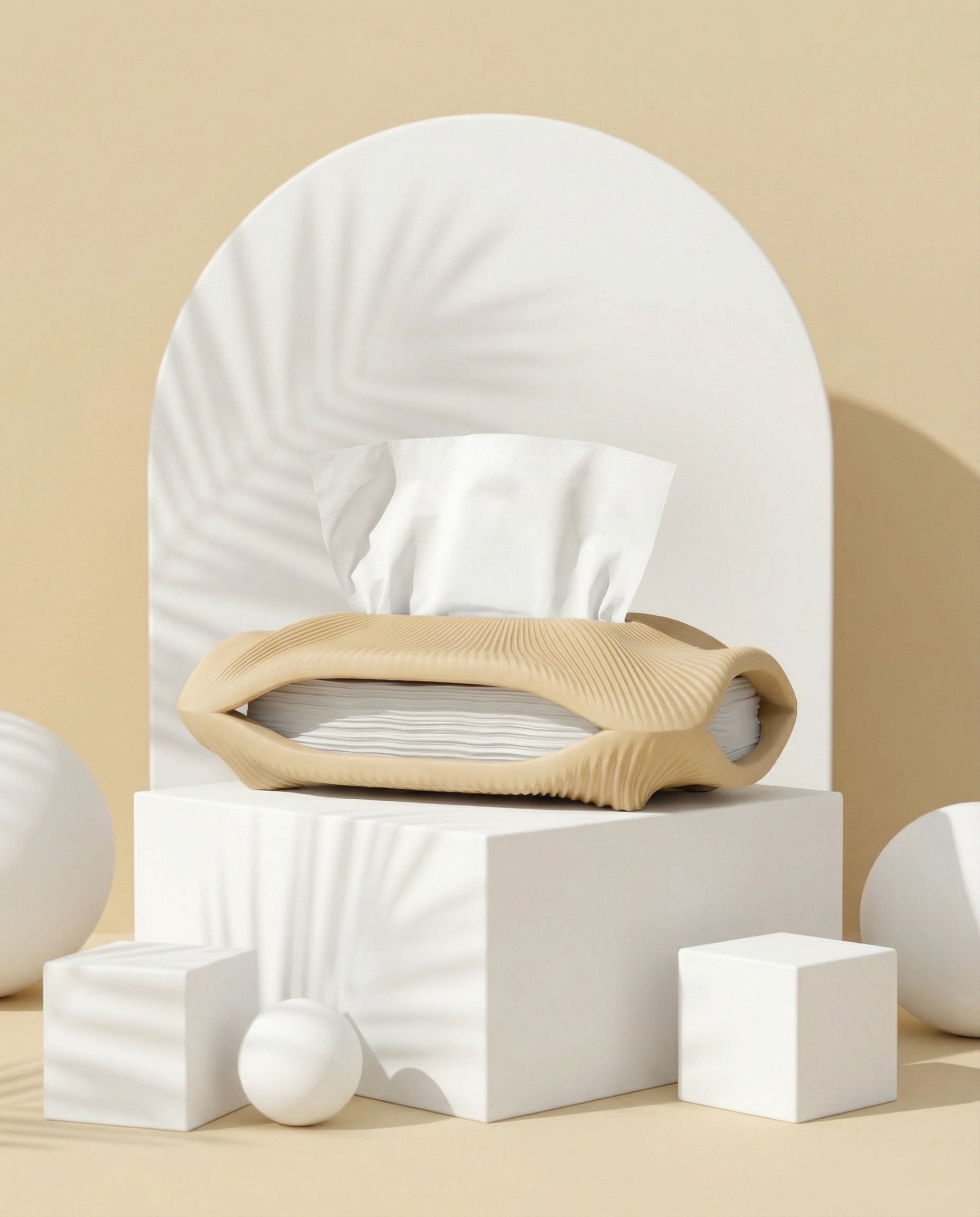 STRIA sculptural tissue holder in cream with ribbed texture – AMINI