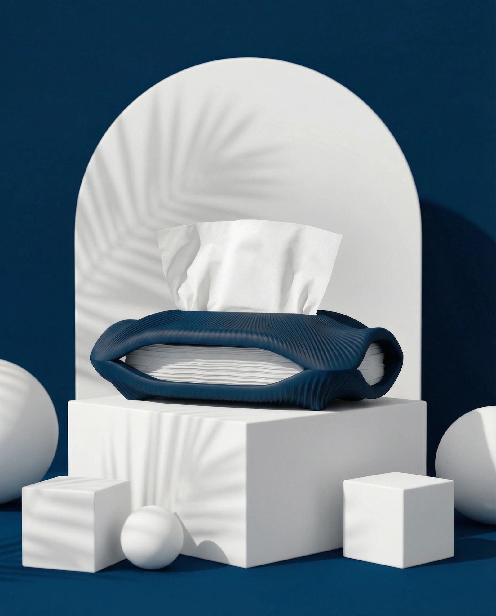 STRIA sculptural tissue holder in navy with ribbed texture – AMINI