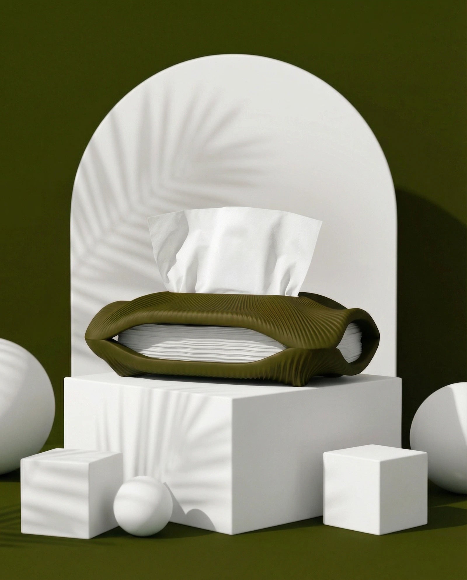 STRIA sculptural tissue holder in olive with ribbed texture – AMINI