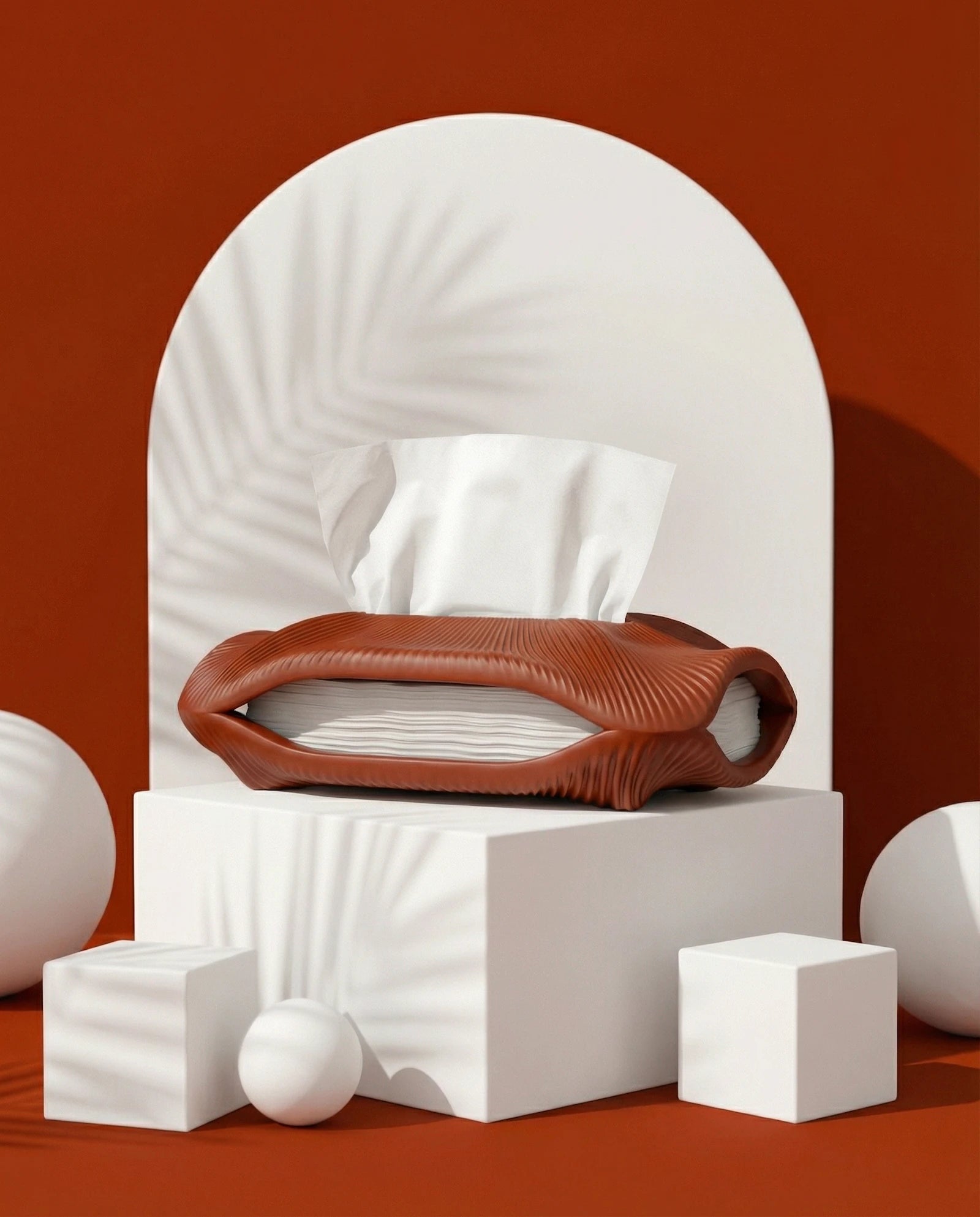 STRIA sculptural tissue holder in terracotta with ribbed texture – AMINI
