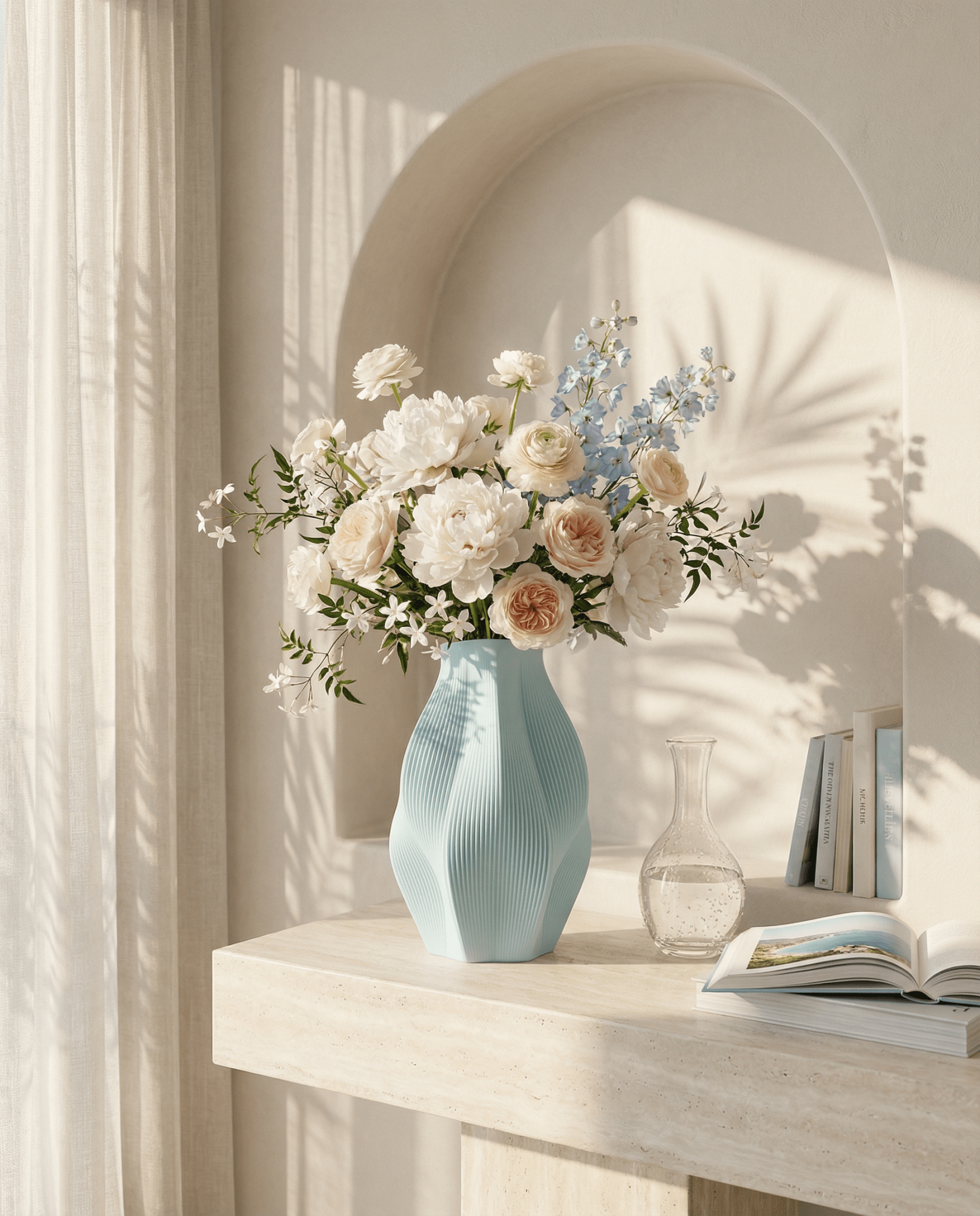 AMINI STRIA Vase in Baby Blue — with white peonies, peach roses and blue delphiniums on a travertine console
