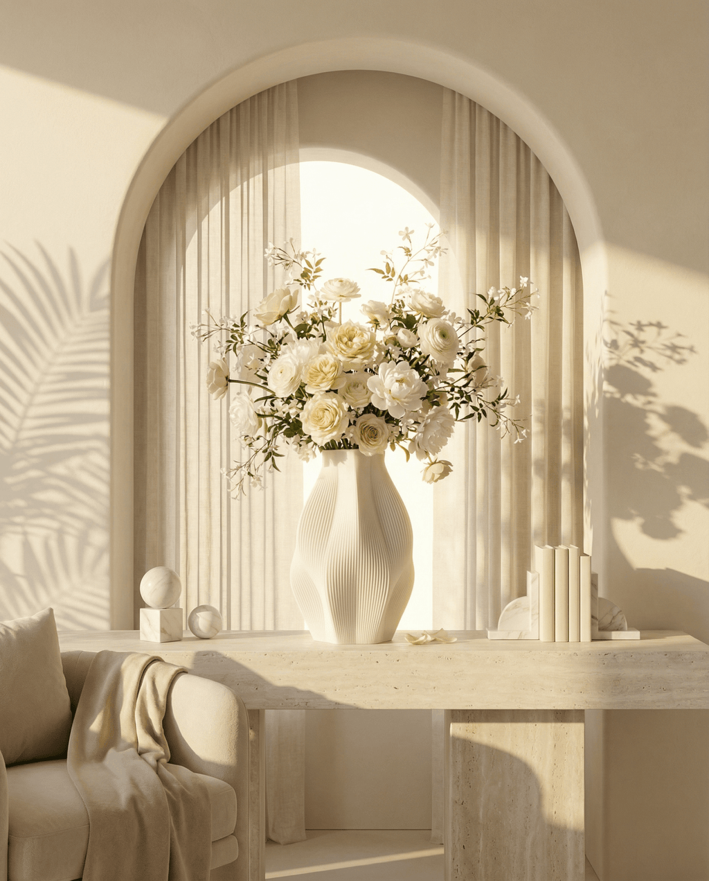 AMINI STRIA Vase in White — with cream roses in a warm arched room interior