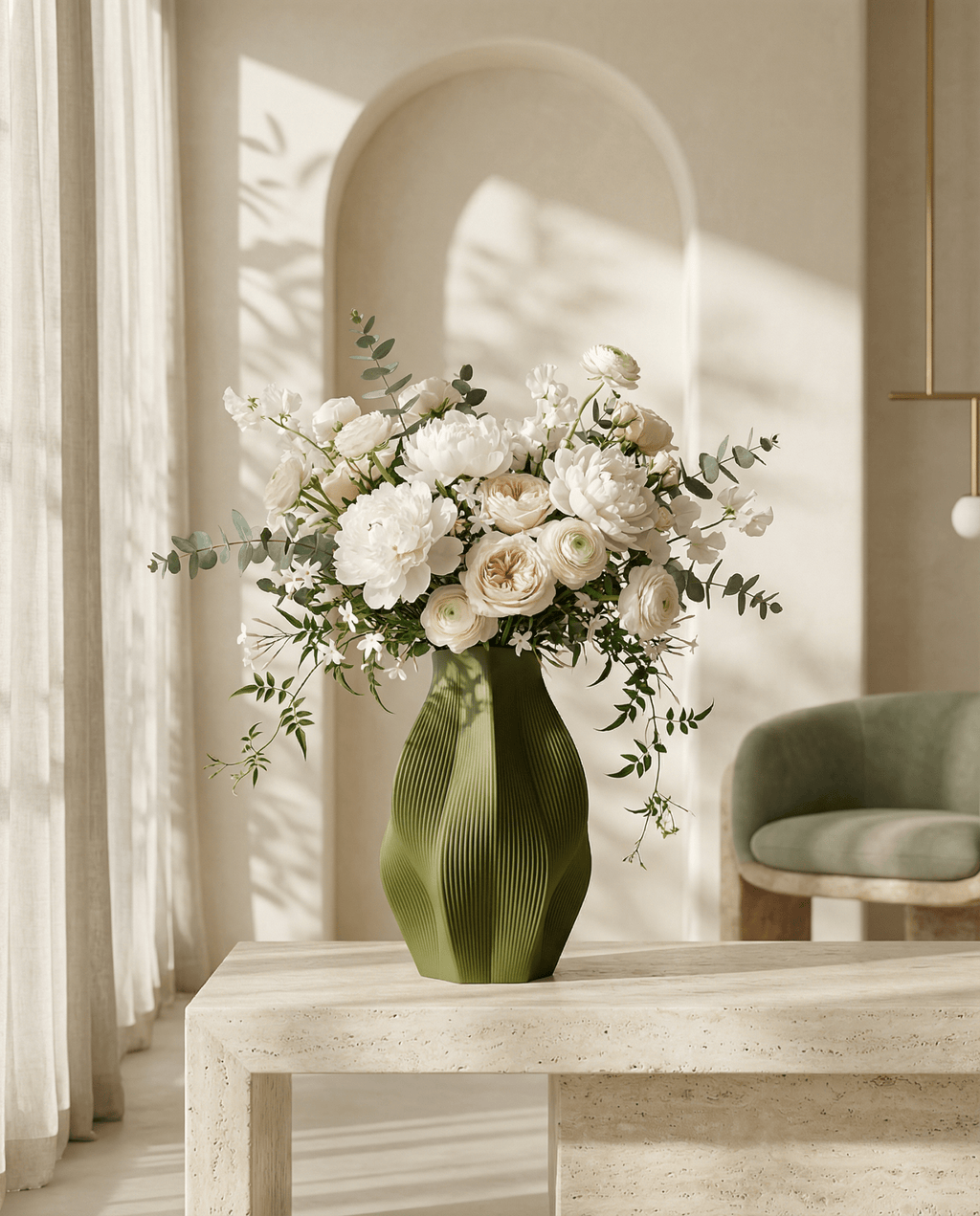 AMINI STRIA Vase in Olive — with white peonies and eucalyptus on a marble table in an elegant interior