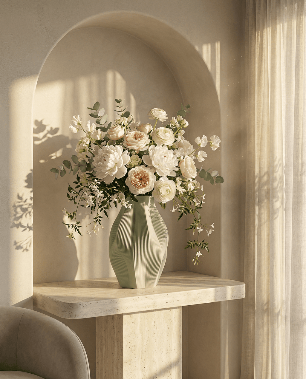 AMINI STRIA Vase in Pistachio — with white peonies, peach roses and eucalyptus in a sunlit arched alcove