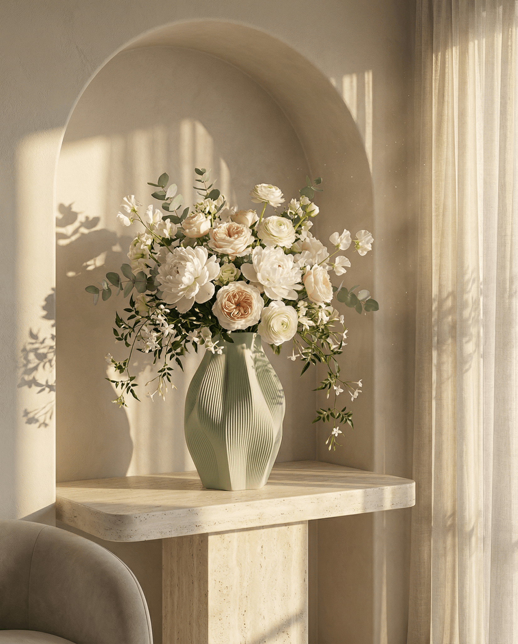 AMINI STRIA Vase in Pistachio — with white peonies, peach roses and eucalyptus in a sunlit arched alcove